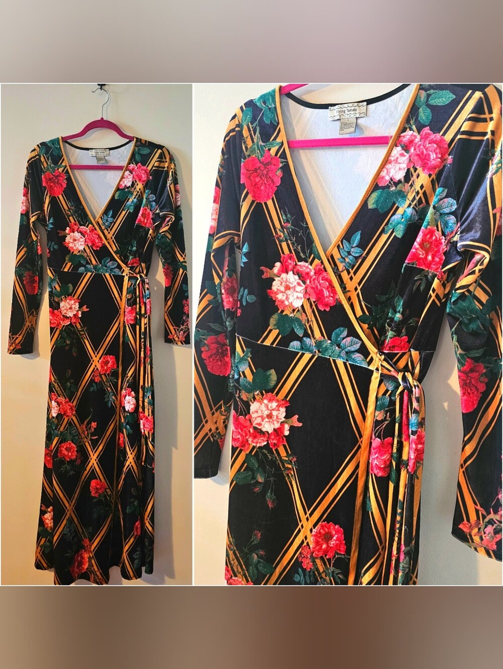 Navy Floral Trellis Print Velvet Maxi Wrap Dress By Flying Tomato L